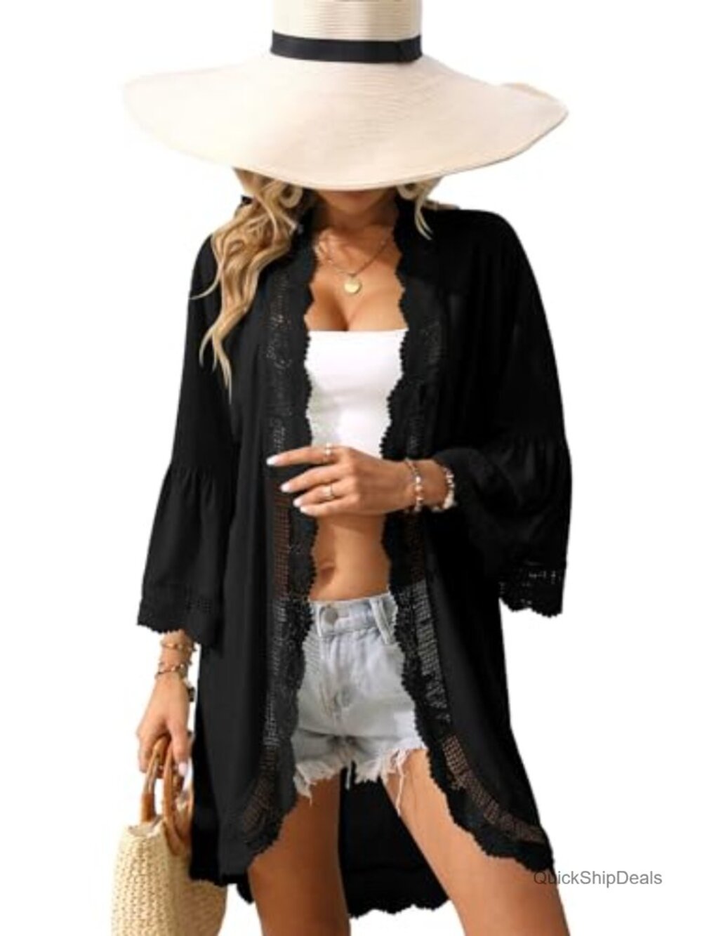 Women's Summer Kimono Cardigan 3/4 Ruffle Sleeve Lace Detail Lightweight